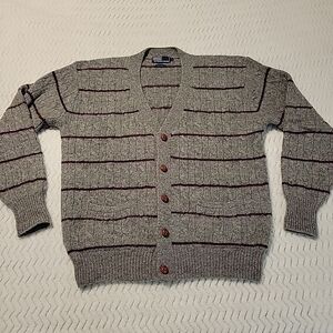 VTG Polo Ralph Lauren 100% Wool Cardigan Mens Size L Cable Knit Grandpa Pockets